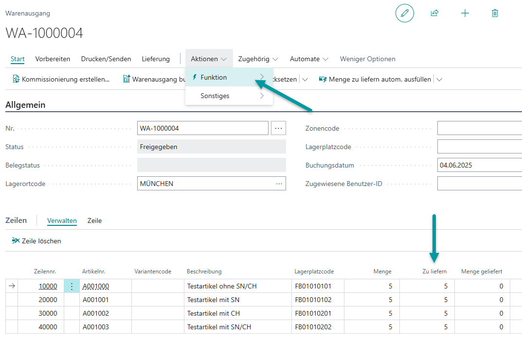 Detailansicht der Packauftragszeilen mit verschiedenen Verfolgungsarten