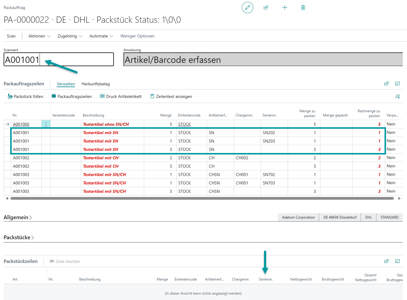 Packauftrag mit Artikel A001001, der Seriennummern-Verfolgung erfordert