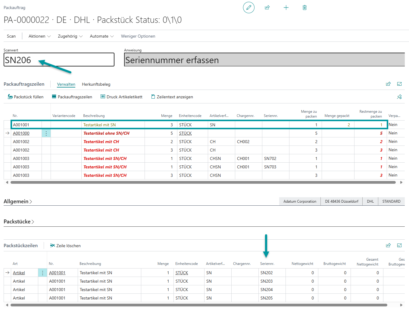 Registrierter Packauftrag mit vollständiger Rückverfolgbarkeit aller Seriennummern