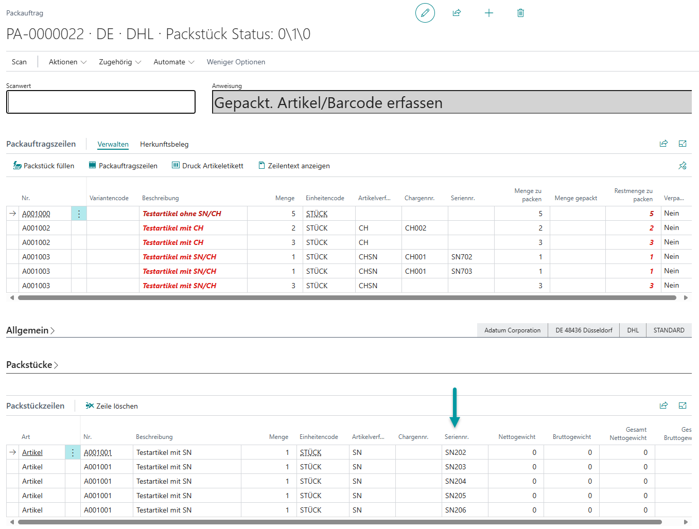 Detailansicht der gebuchten Artikel mit zugeordneten Seriennummern im System