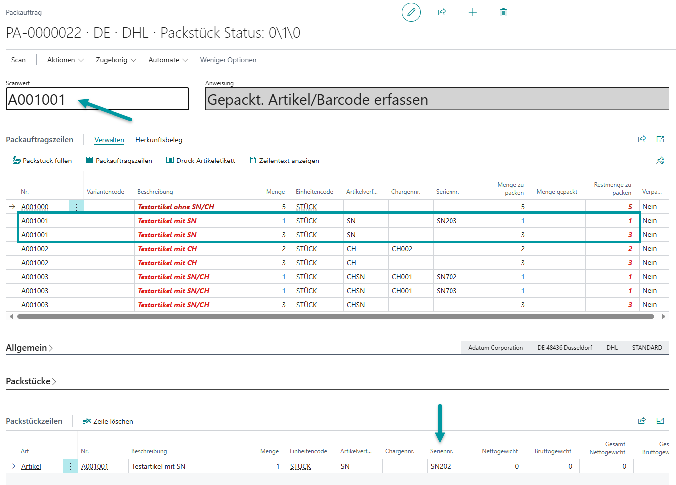 Bestätigung der erfassten Seriennummer im Verarbeitungsdialog