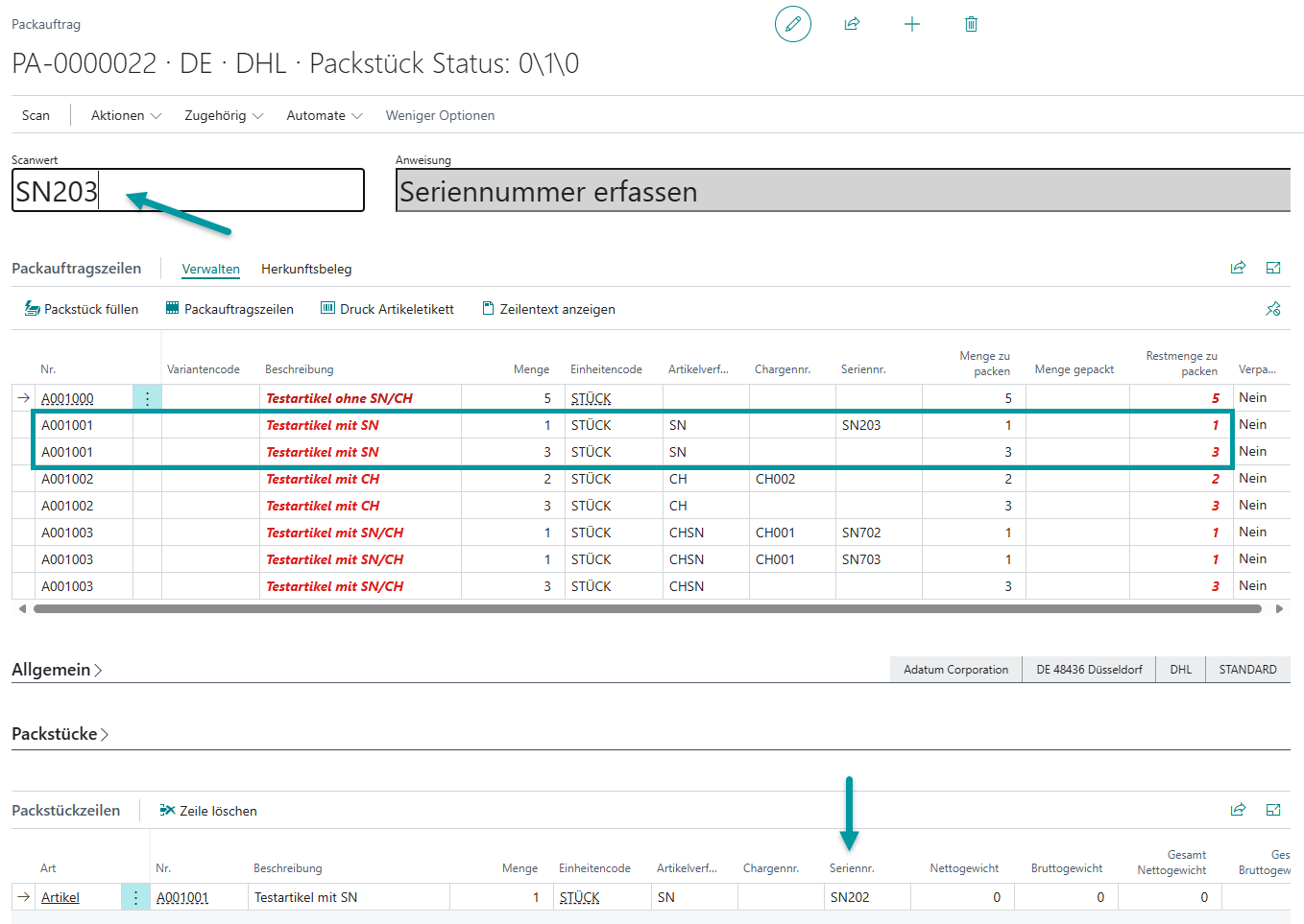 Fortführung des Prozesses mit weiteren Seriennummern für den gleichen Artikel