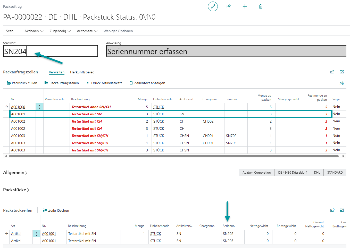Verarbeitung und Zuordnung aller erfassten Seriennummern zu Packstücken