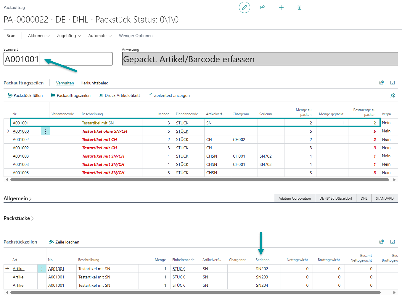 Übersicht aller verpackten Artikel mit vollständigen Seriennummern-Informationen
