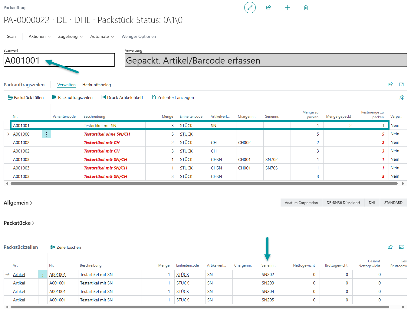 Buchung des Packauftrags mit allen erfassten Seriennummern