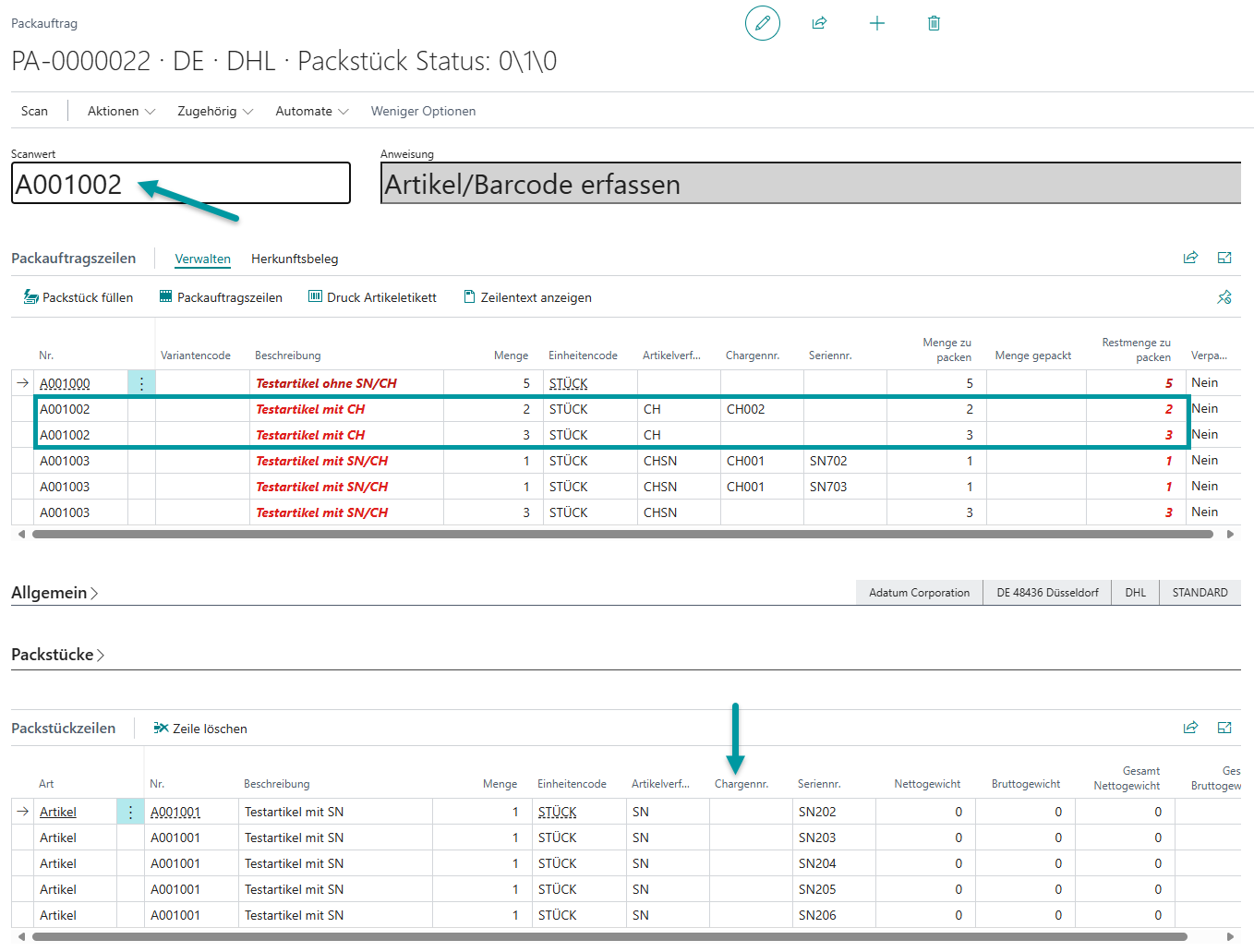 Packauftrag mit Artikel A001002, der Chargennummern-Verfolgung erfordert