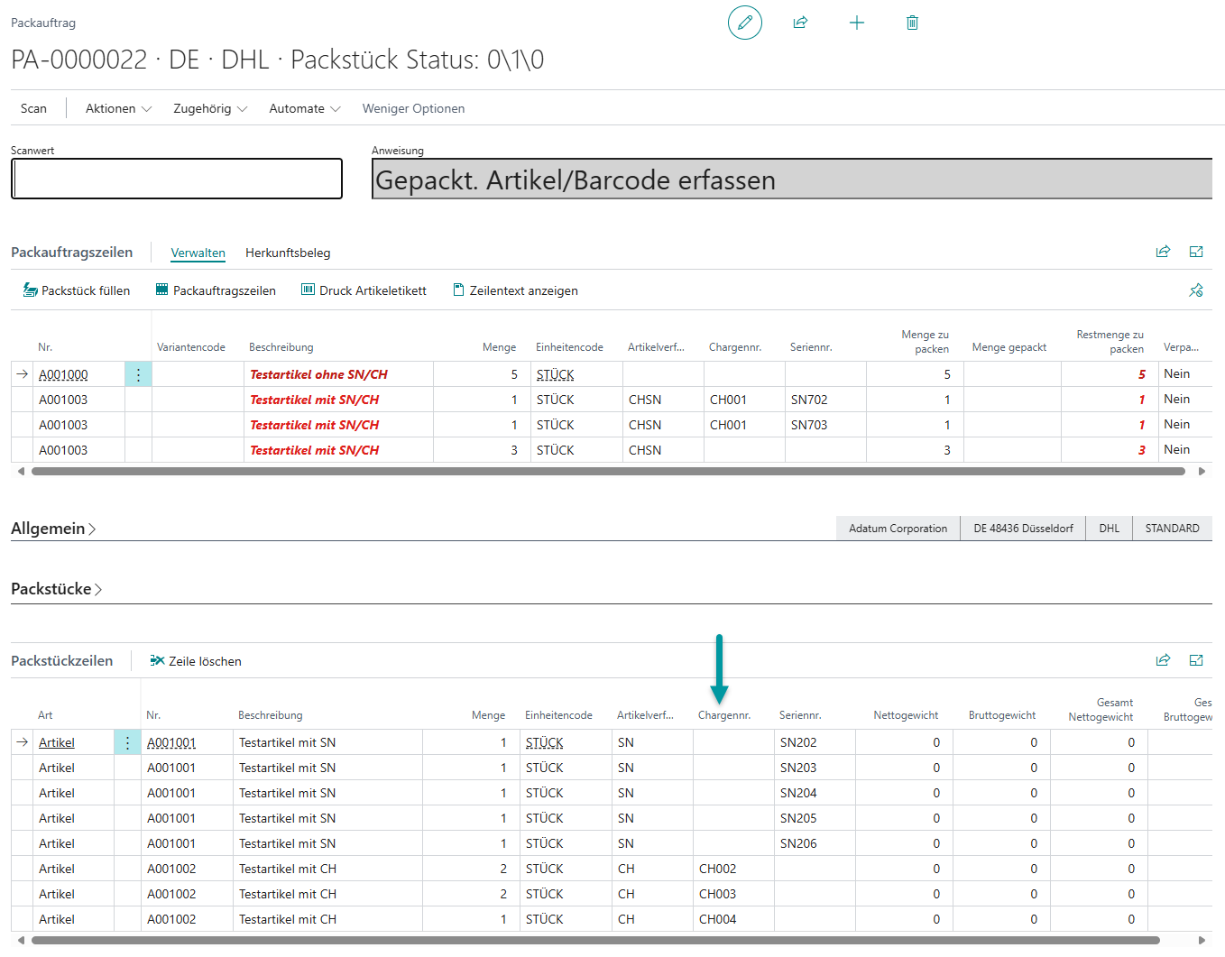 Registrierter Packauftrag mit vollständiger Rückverfolgbarkeit aller Chargennummern