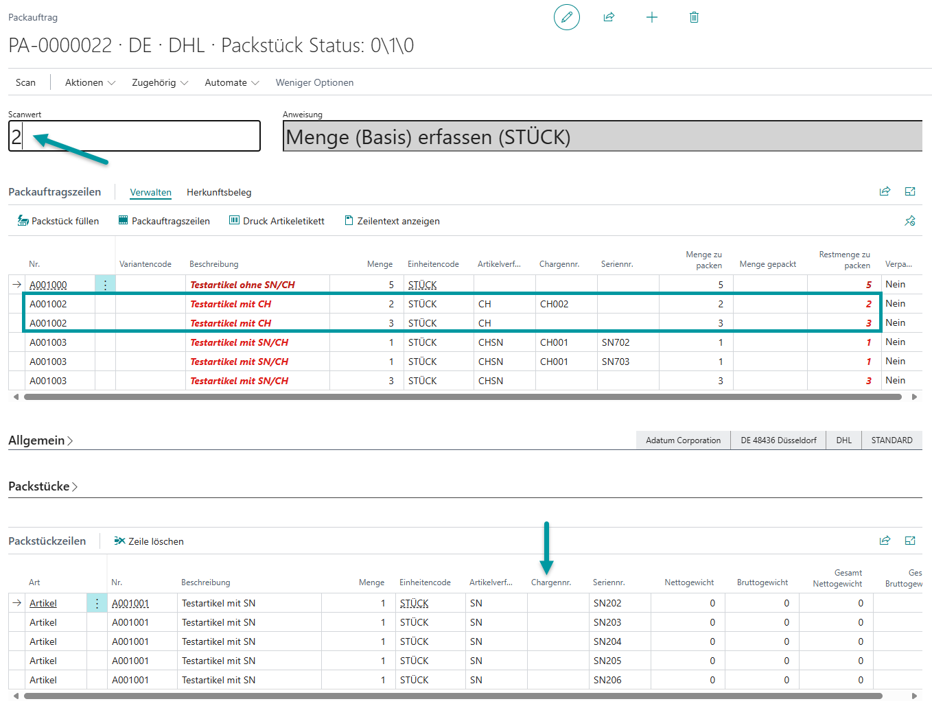 Erfassung der ersten Chargennummer durch Scannen oder Auswahl aus verfügbaren Beständen