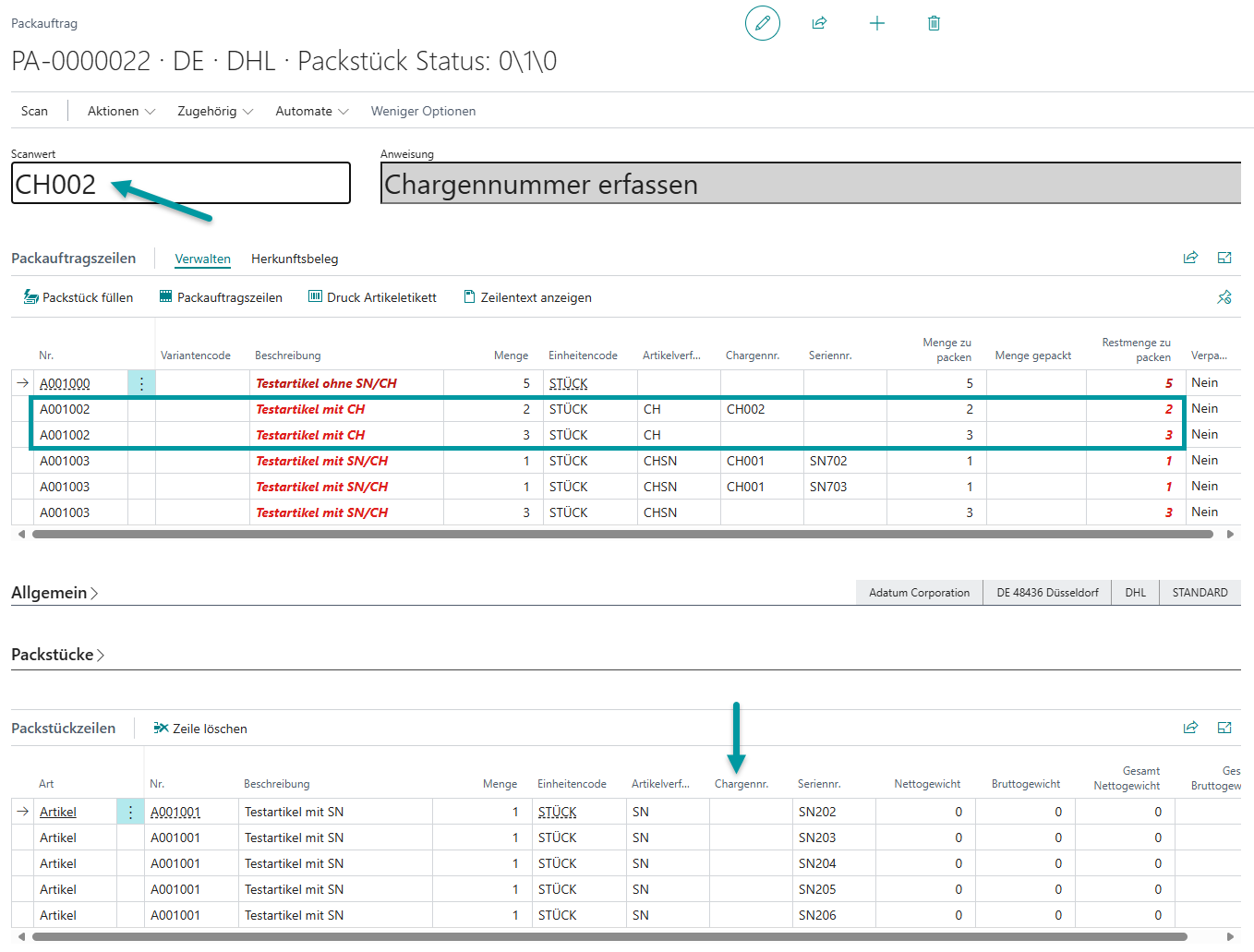 Eingabe der Menge für die ausgewählte Chargennummer im Verarbeitungsdialog