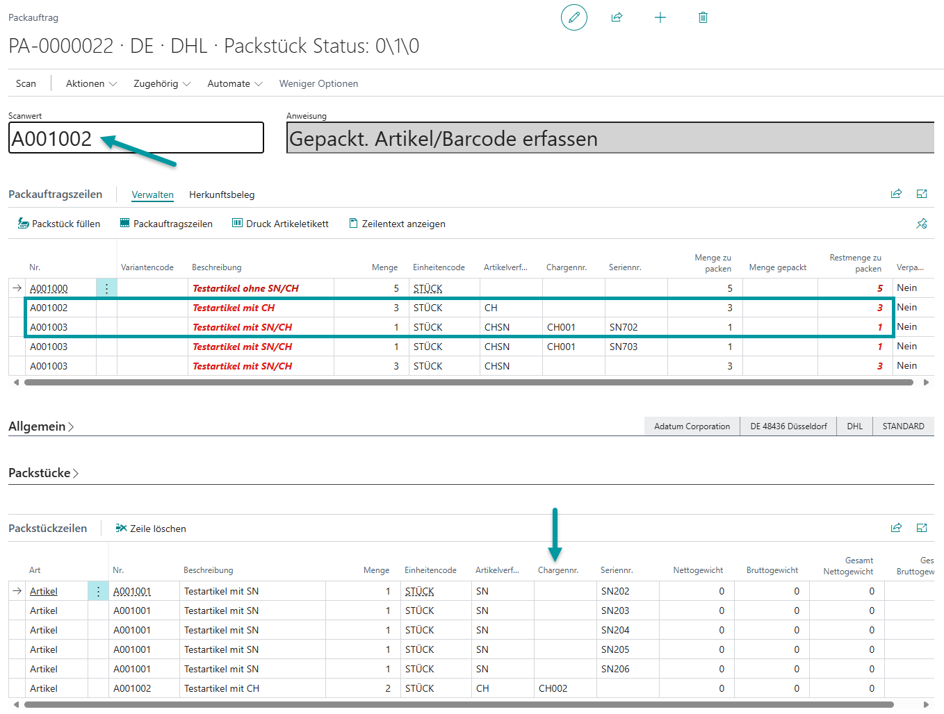 Bestätigung und Verarbeitung der Chargennummer mit zugeordneter Menge