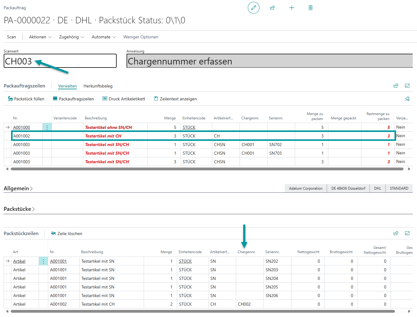Zuordnung der verarbeiteten Artikel mit Chargennummern zu Packstücken
