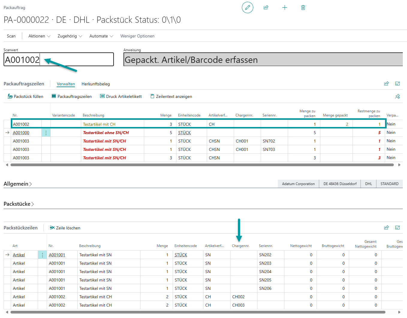 Übersicht aller verpackten Artikel mit vollständigen Chargennummern-Informationen