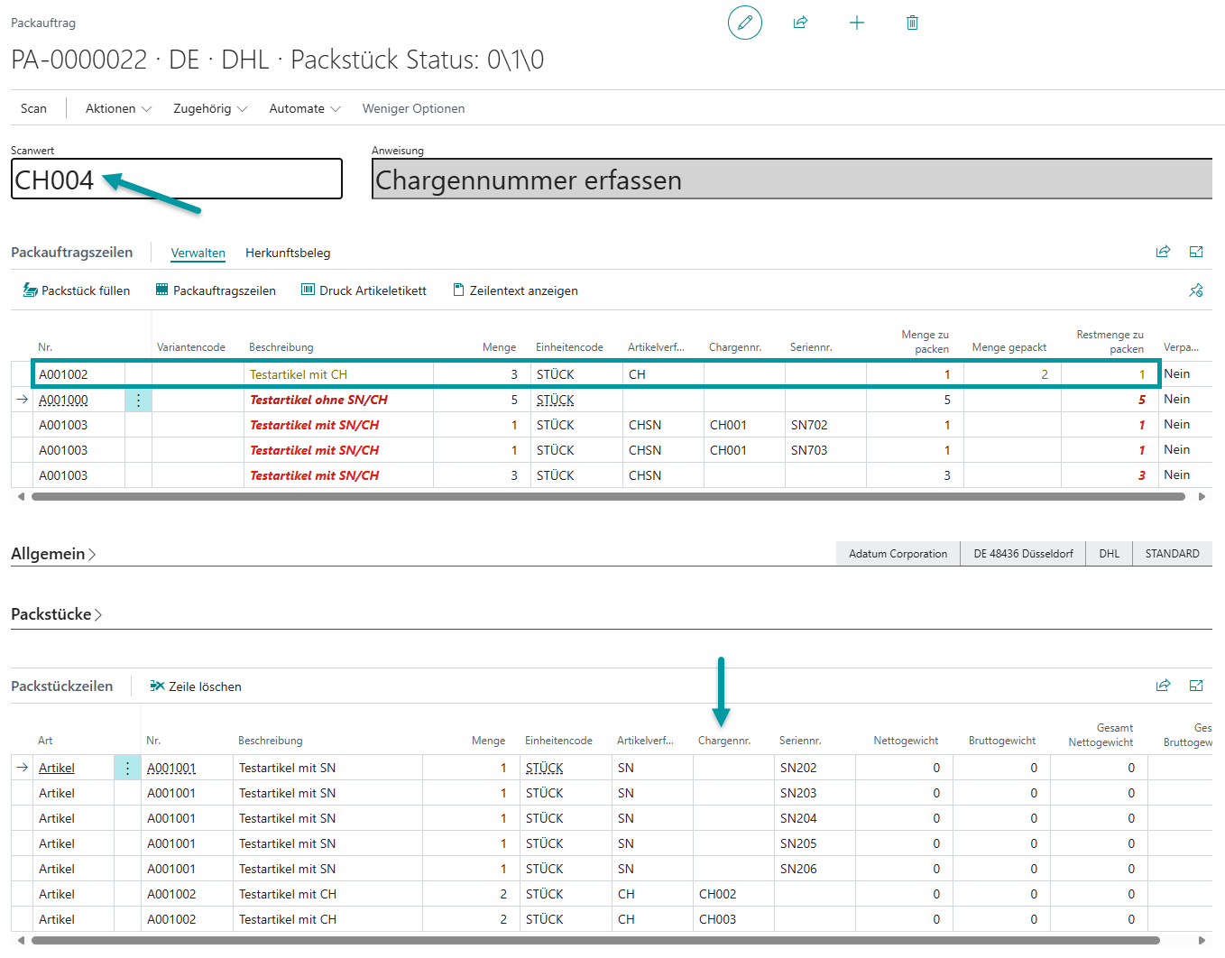 Buchung des Packauftrags mit allen erfassten Chargennummern