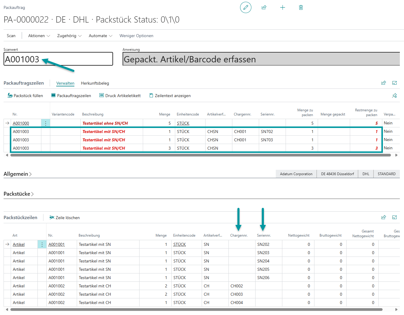 Packauftrag mit Artikel A001003, der kombinierte Serien- und Chargennummern-Verfolgung erfordert