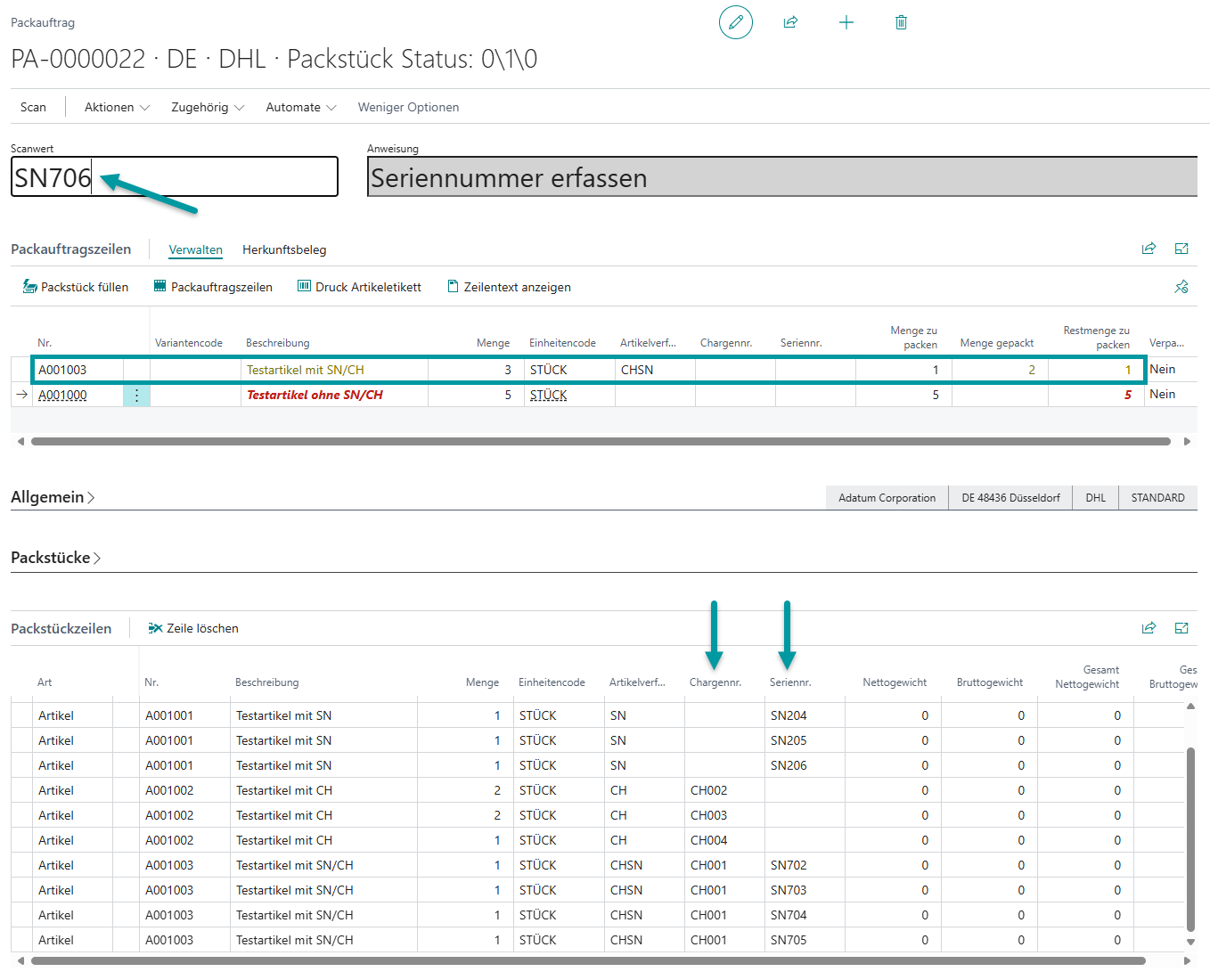 Registrierter Packauftrag nach erfolgreicher Buchung mit Dokumentennummer