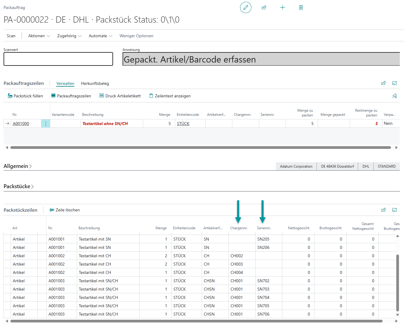 Detailansicht der gebuchten Artikel mit zugeordneten Serien- und Chargennummern
