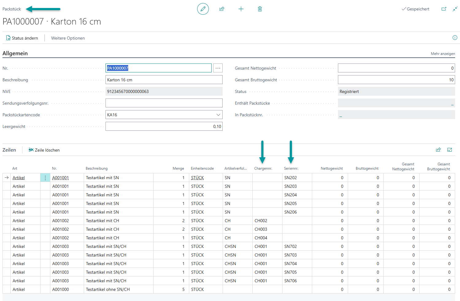 Vollständige Rückverfolgbarkeit aller Verfolgungsinformationen im registrierten Packauftrag