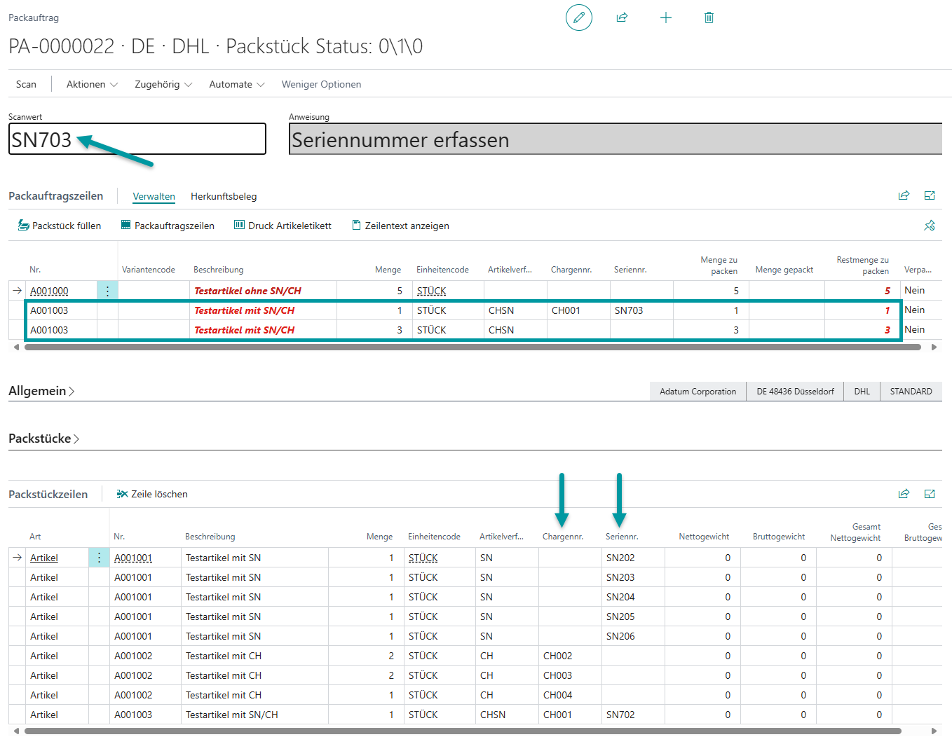 Bestätigung der kombinierten Verfolgungsinformationen für Seriennummer und Charge