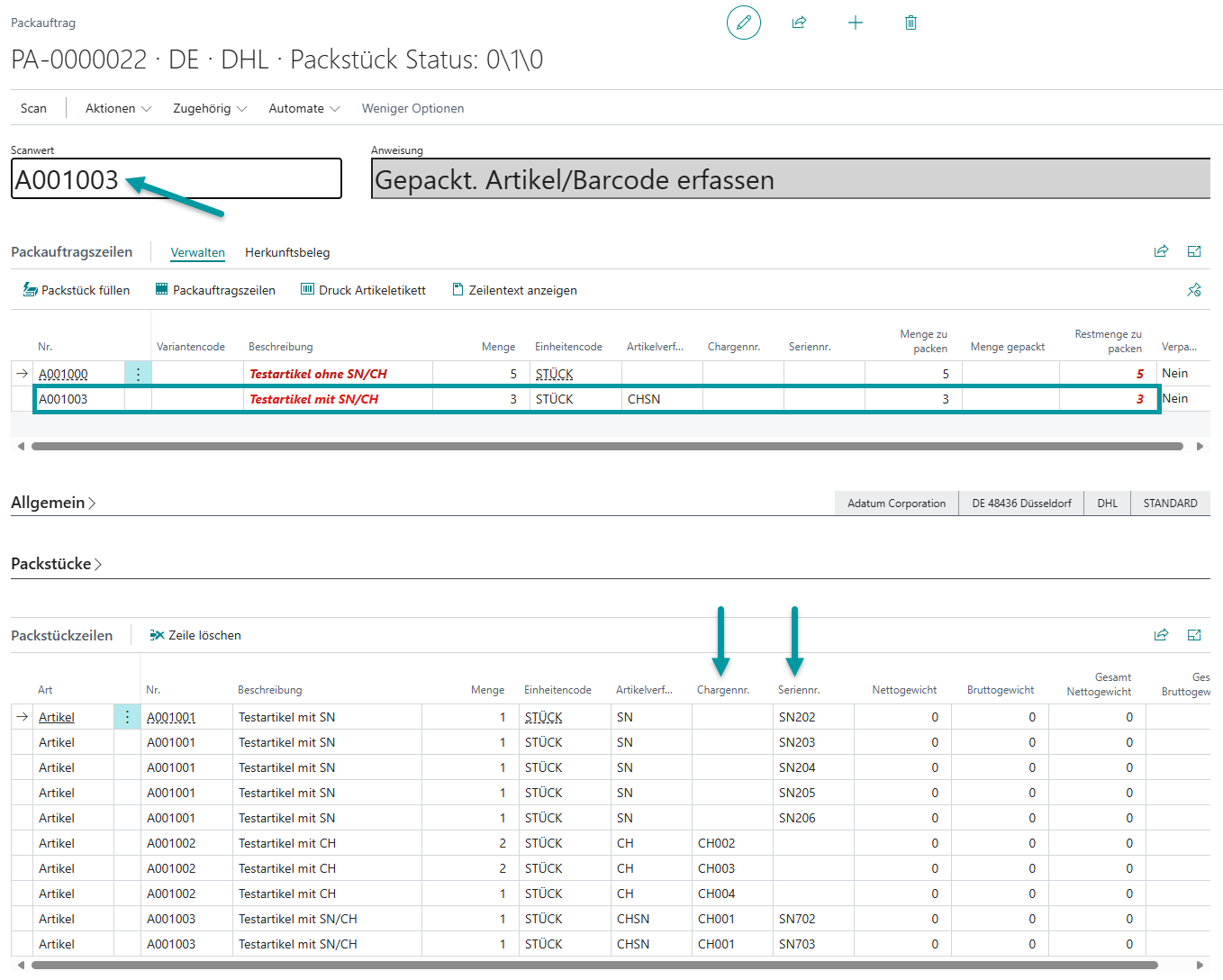 Verarbeitung weiterer Artikel mit kombinierter Serien- und Chargennummern-Verfolgung