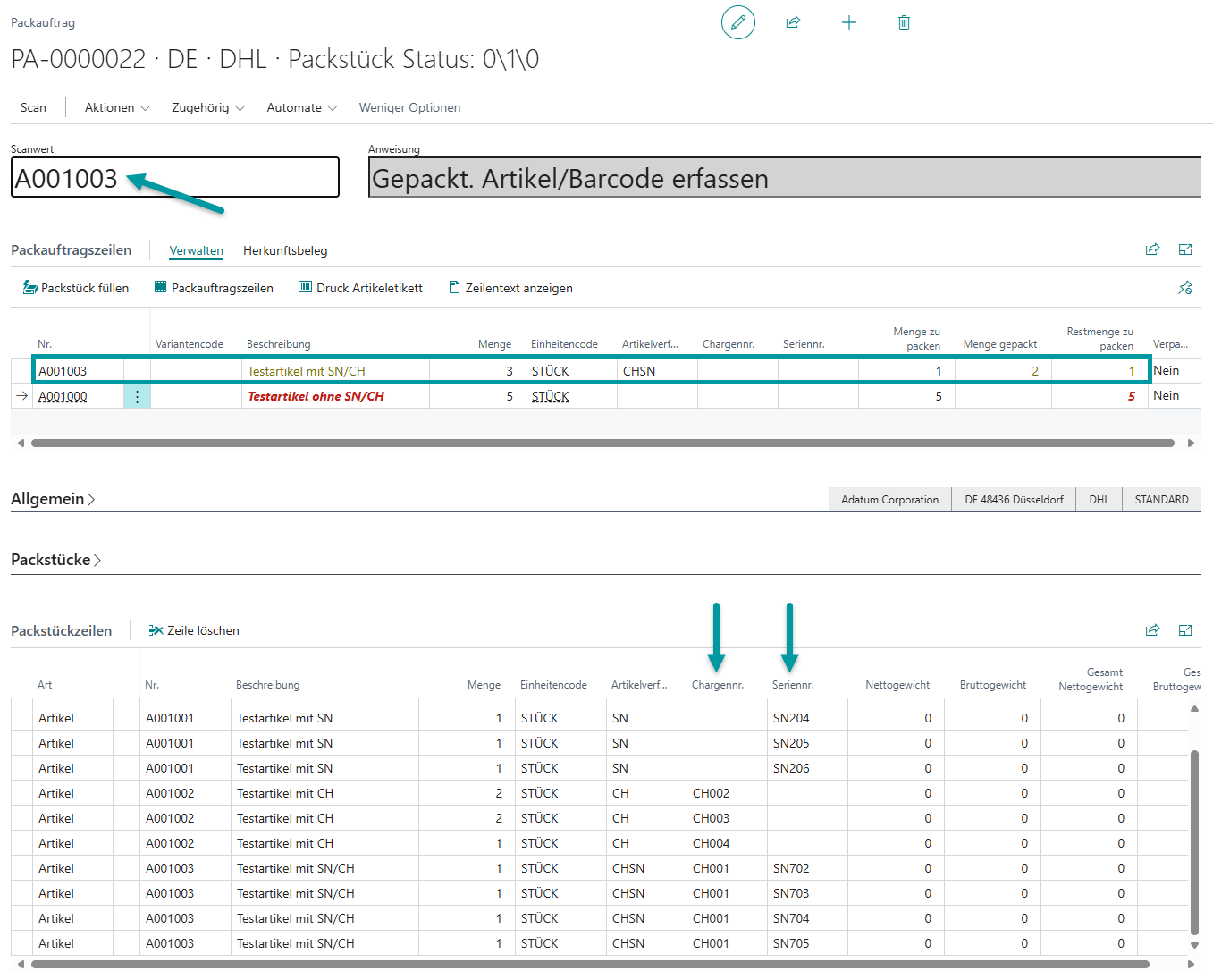Buchung des Packauftrags mit allen erfassten Serien- und Chargennummern