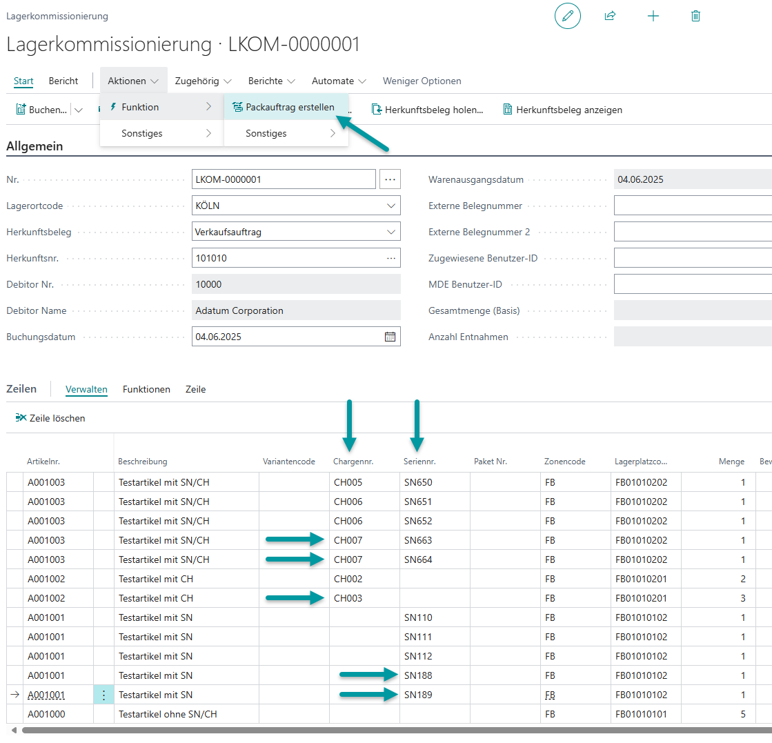 Erstellung des Packauftrags nach Definition der Artikelverfolgung in der Lagerkommissionierung