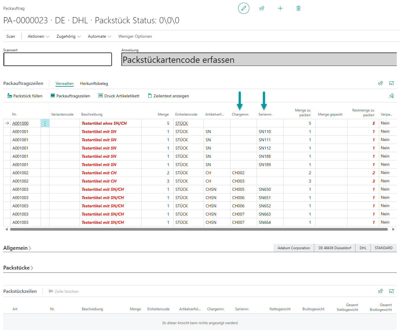Packauftragszeilen mit zugeordneten Serien- und Chargennummern aus dem Lagerbeleg