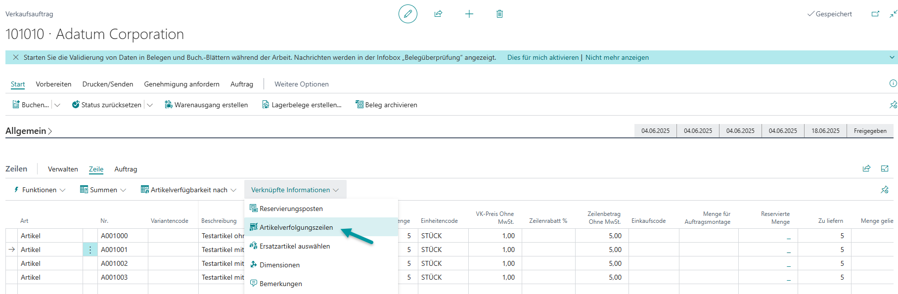 Hinterlegung von Seriennummern und Chargennummern mit Mengen im Register Zeilen