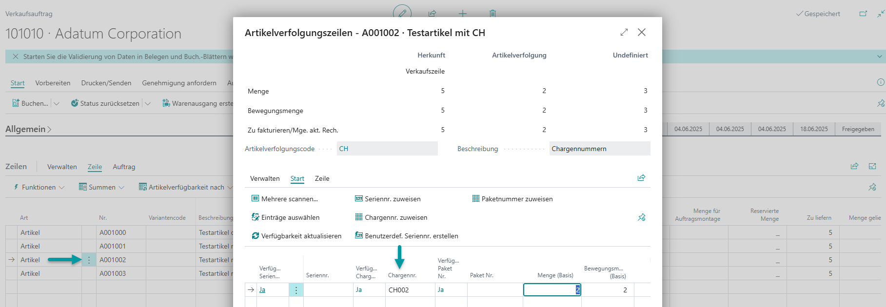 Erstellung der Lagerkommissionierung mit Übernahme der Verfolgungsinformationen