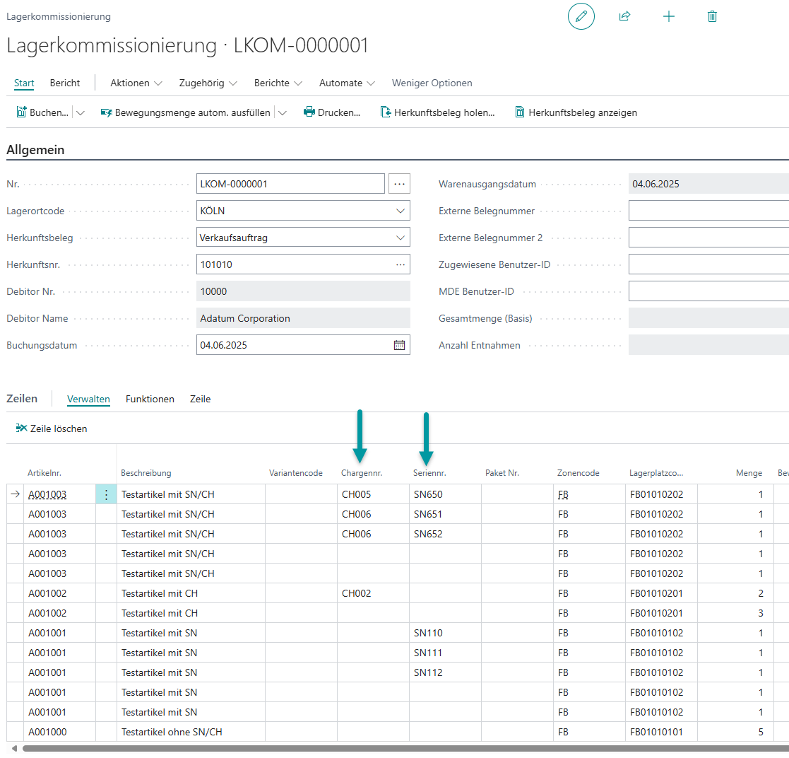 Erstellung des Packauftrags nach vollständiger Definition der Artikelverfolgung