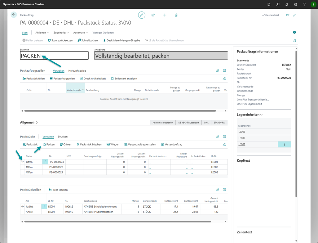Scannen im Packauftrag