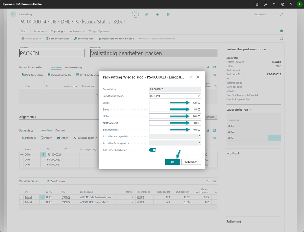 Wiegedialog im Packauftrag (ausgefüllt)