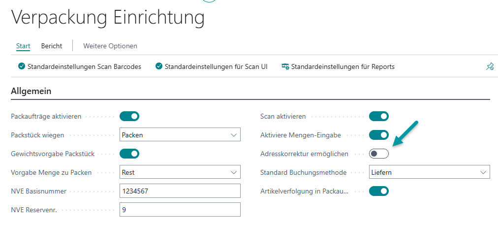 Verpackung Einrichtung mit dem Feld "Adresskorrektur ermöglichen"