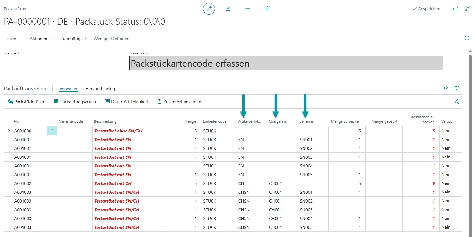 Packauftrag nach Kommissionierung mit Arbeitsvorrat und kommissionierten Artikeln