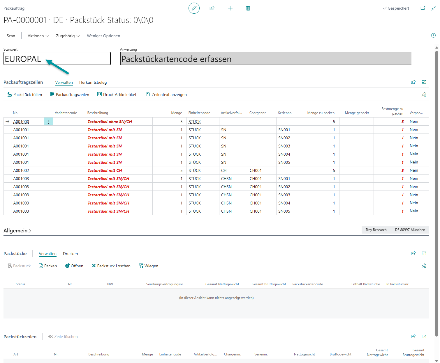 Auslösen der Schnellpacken-Funktion über Barcode-Befehl oder Seitenaktion