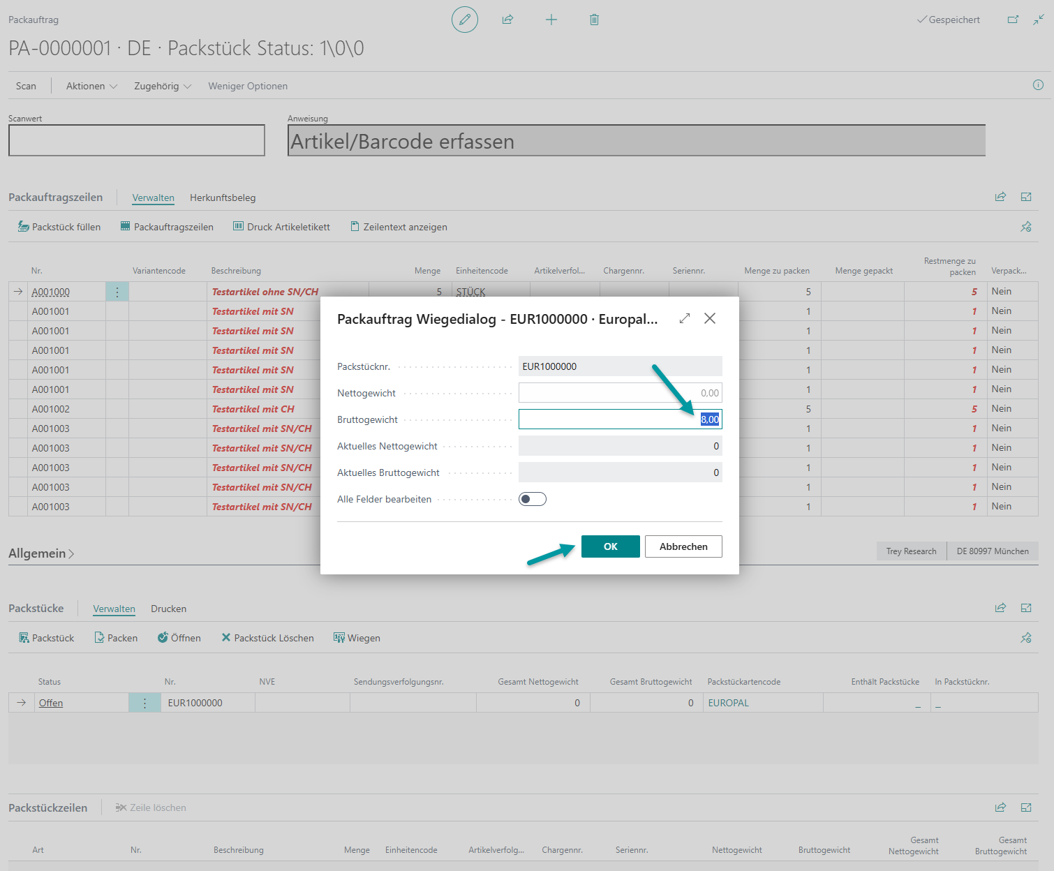 Packauftrag nach Schnellpacken mit erfolgreich hinzugefügten Artikeln