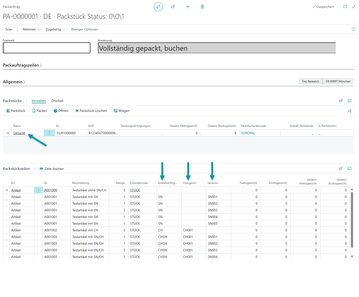 Ergebnis: Alle Artikel mit Artikelverfolgung wurden dem aktiven Packstück hinzugefügt