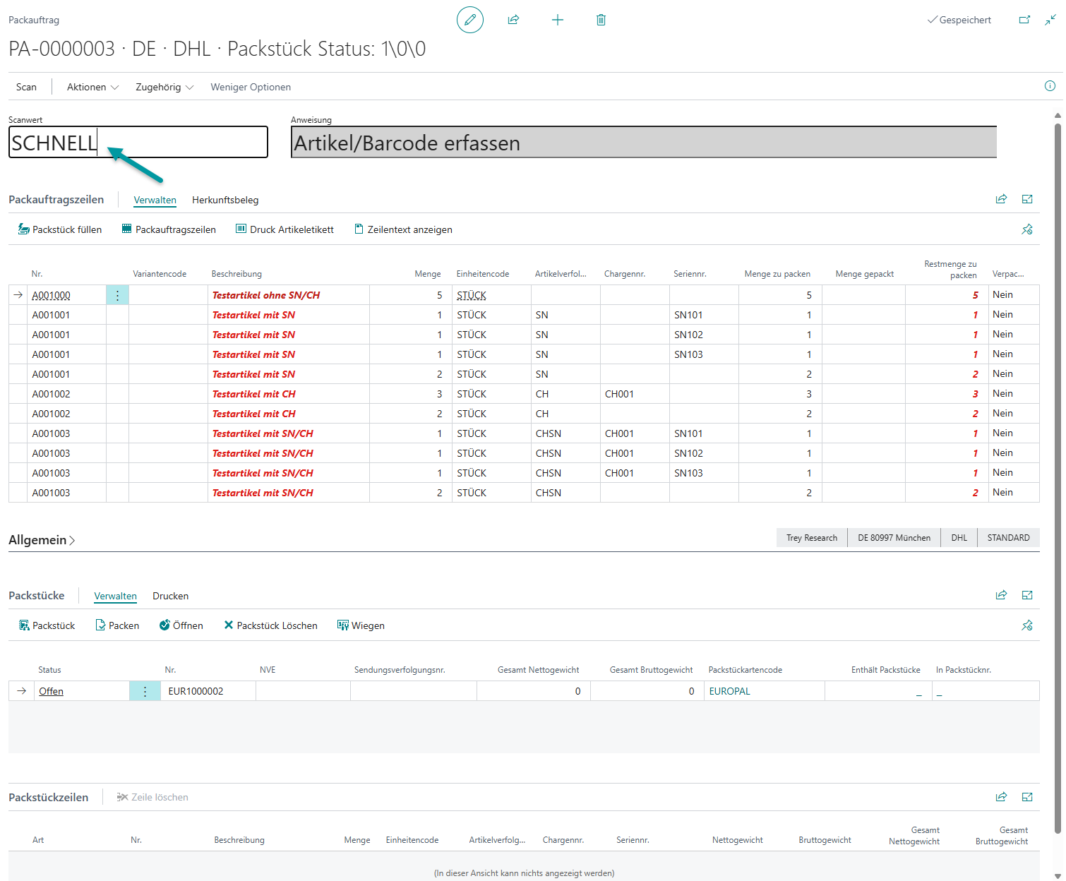 Packauftrag mit Artikeln - fehlende Artikelverfolgung muss ergänzt werden