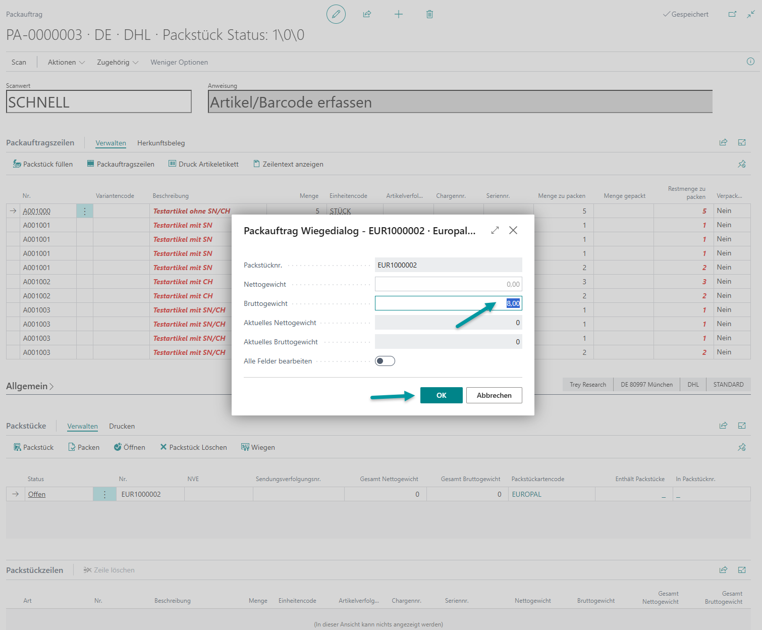 Schnellpacken übernimmt Artikel mit vorgegebener Artikelverfolgung ins Packstück