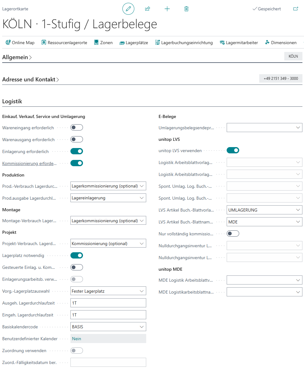 Einrichtung Lagerort Köln mit Grundeinstellungen