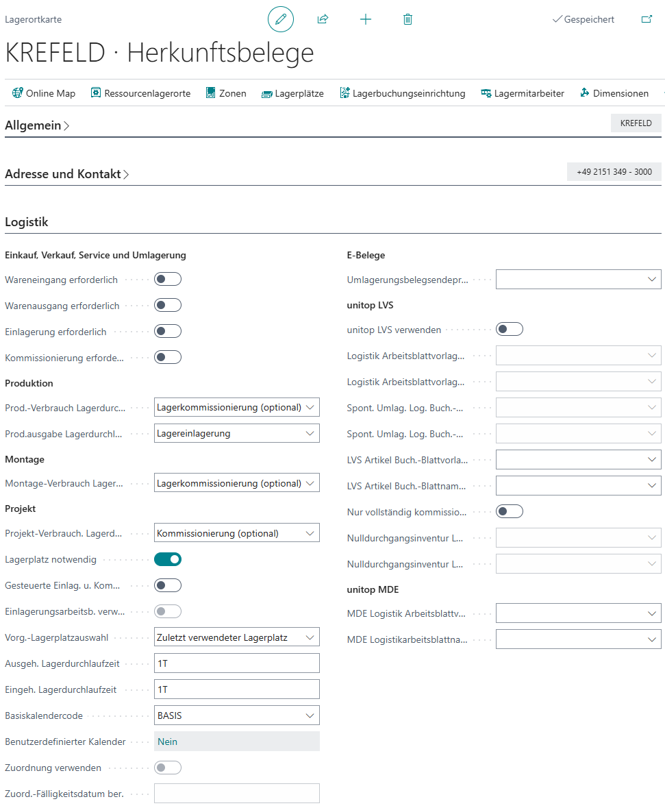 Einrichtung Lagerort Krefeld mit Grundeinstellungen