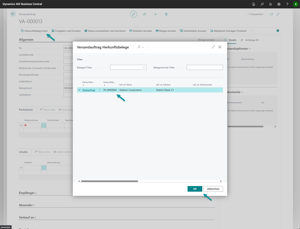 Auswahl des Herkunftsbelegs im Versandauftrag