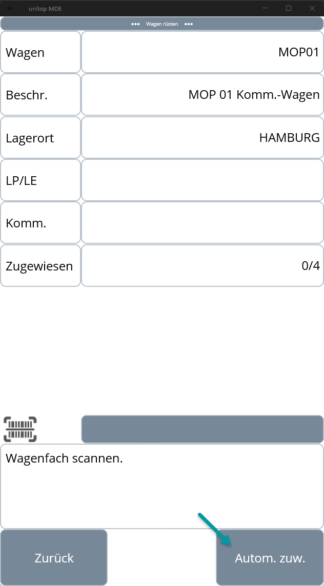 MDE-Dialog mit der Aktion Autom. zuw. für die automatische Belegung der Wagenfächer