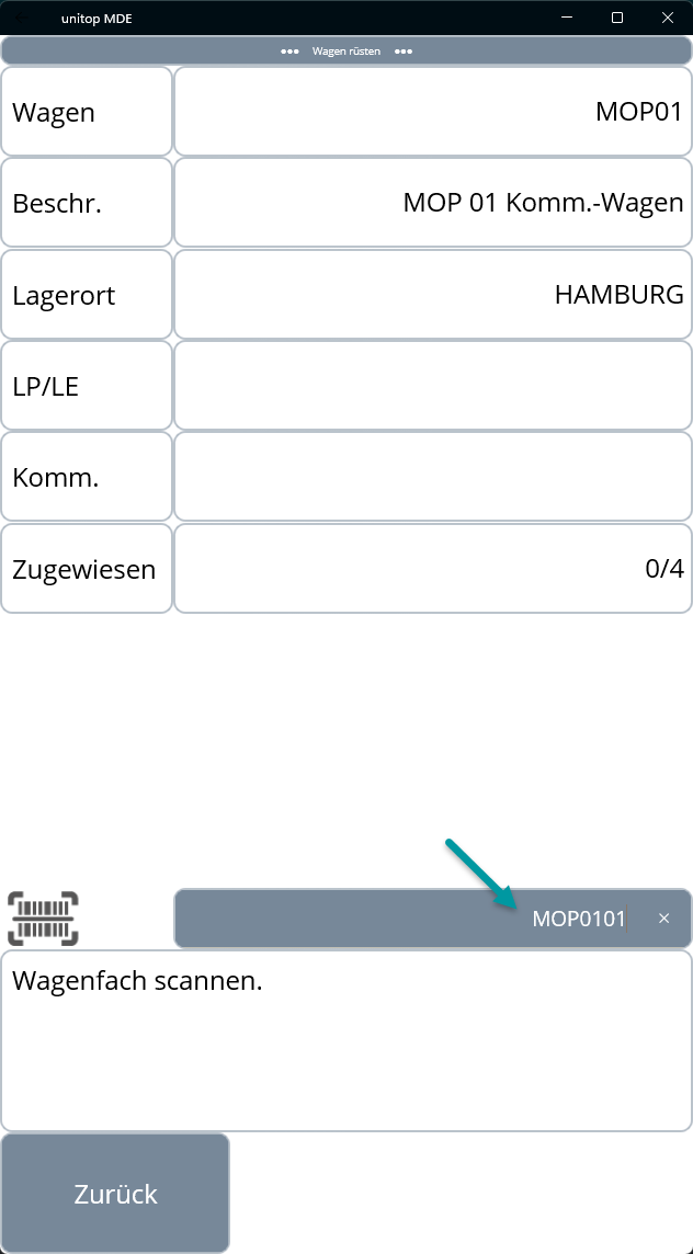 MDE-Dialog Wagen rüsten: Wagen MOP01 erkannt, LP/LE und Komm. noch leer, Zähler 0/4, Aufforderung Wagenfach scannen mit vorgeschlagenem Fach MOP0101