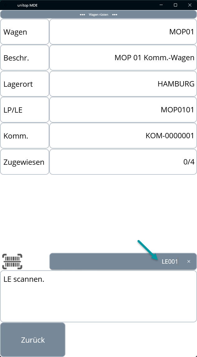 MDE-Dialog Wagen rüsten: Wagenfach MOP0101 und Kommissionierung KOM-0000001 sind zugewiesen, Zähler 0/4, Aufforderung Lagereinheit LE001 scannen