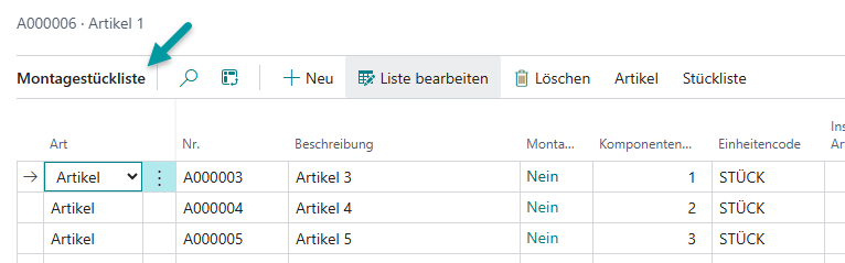 Montagestückliste Beispiel 7: Alle Komponenten vollständig vorhanden