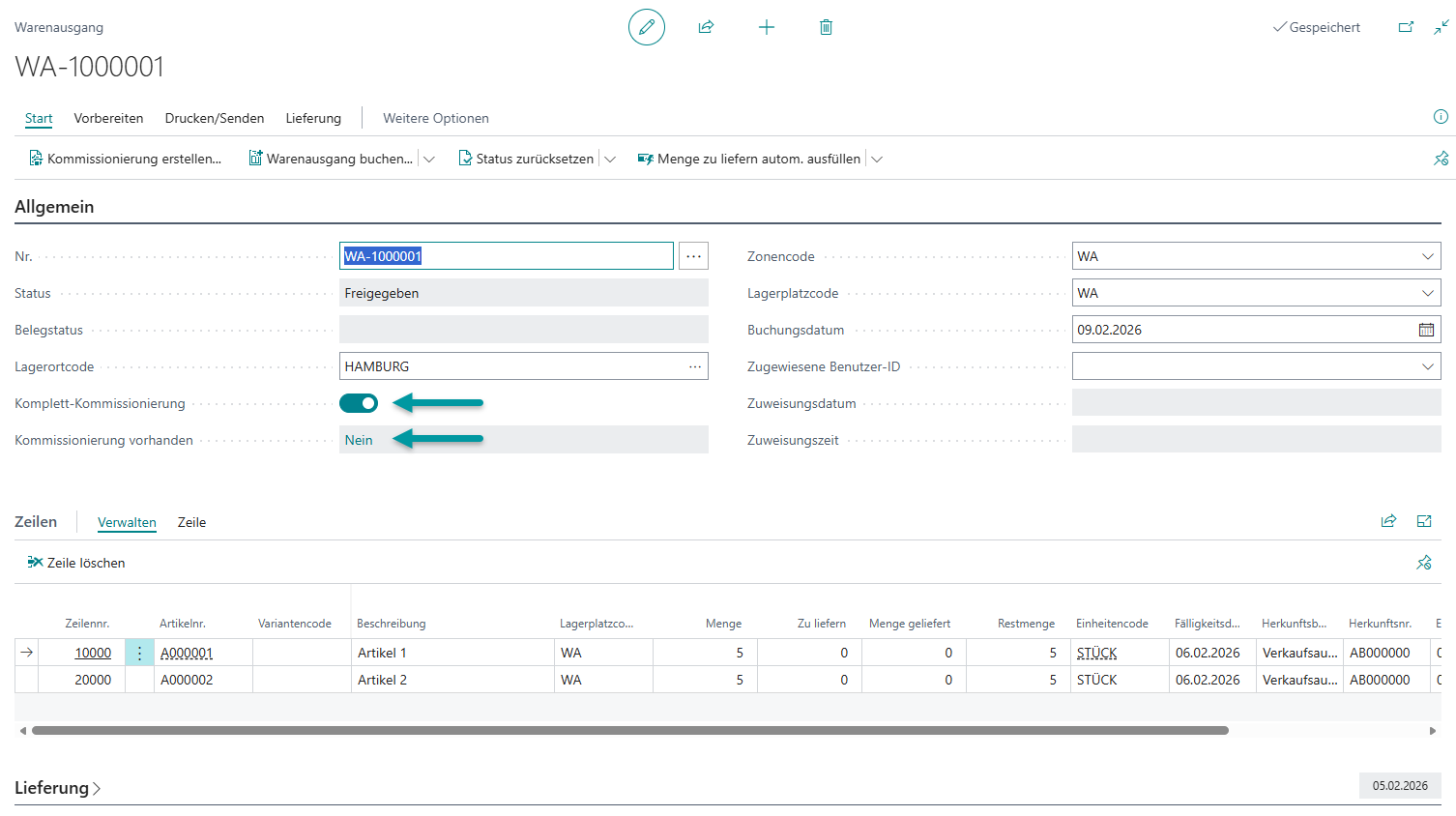 Warenausgangskarte mit aktivierter Komplett-Kommissionierung und keiner vorhandenen Kommissionierung