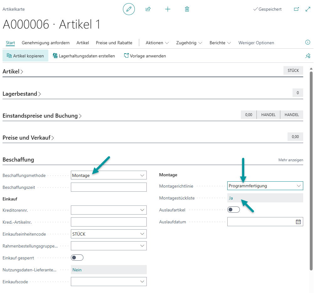 Auftragsmontage-Artikel Beispiel 7: Konfiguration der Artikel mit Montagestückliste