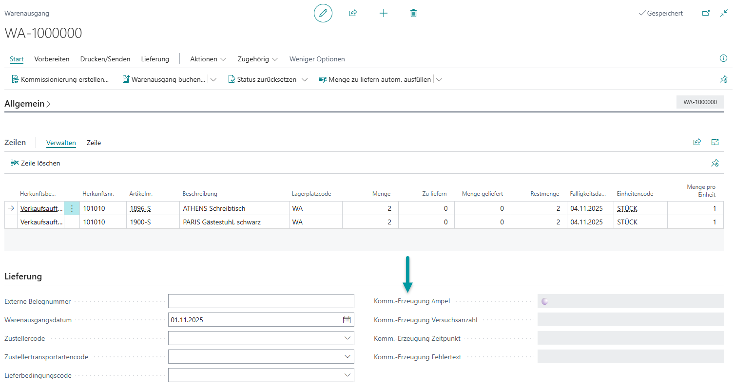 Fehlerprotokollierungsfelder in der Warenausgangskarte im Detail