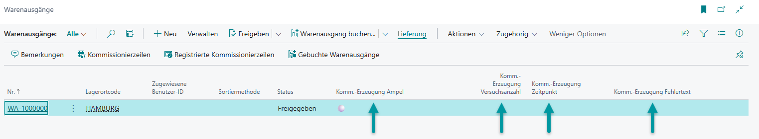 Fehlerprotokollierungsfelder in der Warenausgangsübersicht
