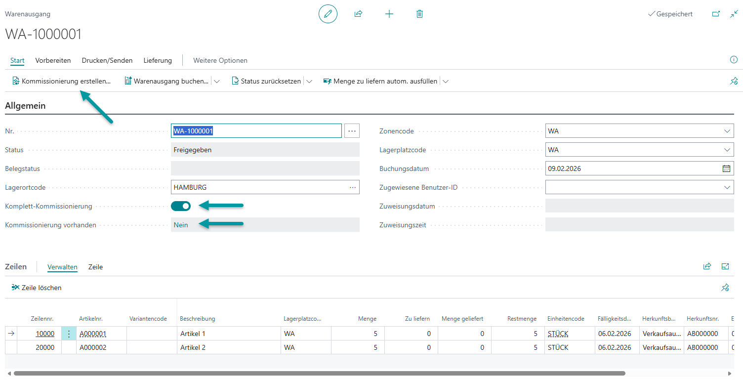 Kommissionierungsbeleg erfolgreich über die Aktion Kommissionierung erstellen angelegt